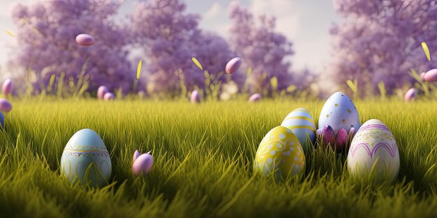 Osterhintergrund mit geschmücktem Ostern auf einer grünen Wiese im Frühling Konzept für Osterfeiertagsbanner