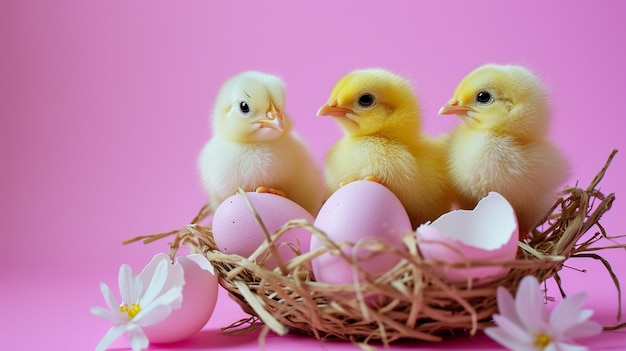 Osterhühner, isoliert auf rosa Hintergrund, einige in gebrochenen Eiern, KI-Generativ