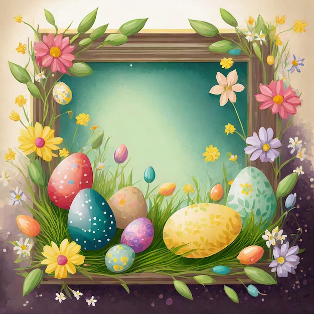 Osterillustration des Rahmens mit Eiern, Blättern und Blumen Frühlingsfeiertag