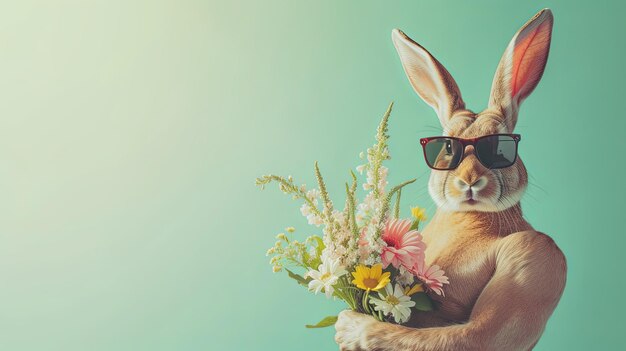 Osterkaninchen-Bodybuilder in Sonnenbrille mit Blumenstrauß auf einem einfachen grünen sonnigen Hintergrund