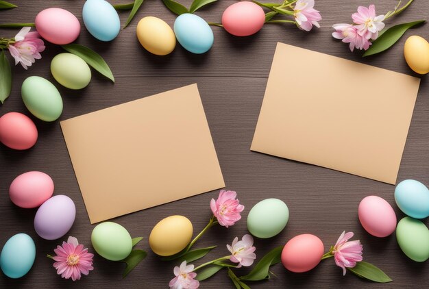 Foto osterkarten-mockup mit blumen und bunten eiern