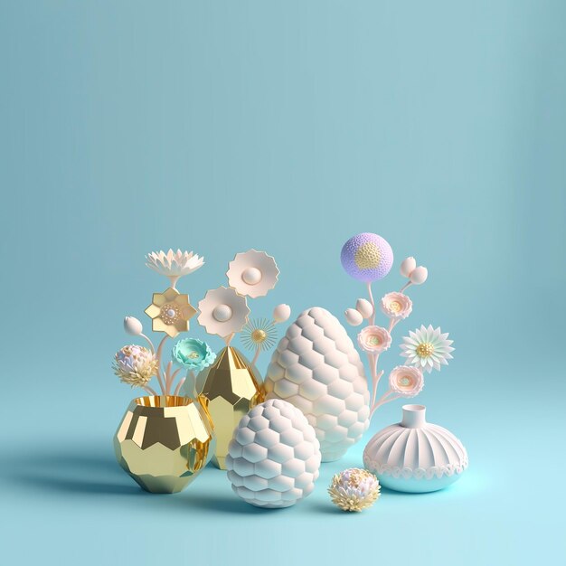 Osterkartenhintergrund mit 3D-Ostereiern und Blumen für die Promotion