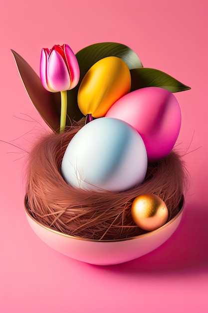 Osterkomposition mit bunten Wachteleiern im Nest Holzhasen und Tulpen auf rosa Hintergrund