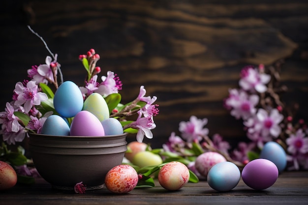 Osterkomposition mit einem Blumenstrauß und Eiern auf einem verschwommenen Hintergrund