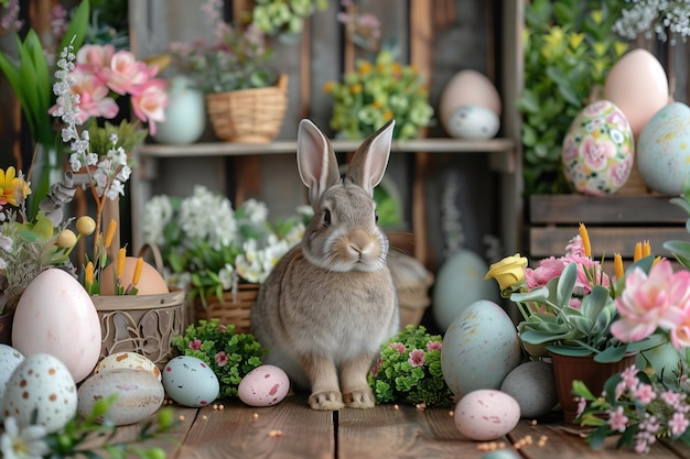 Foto osterkomposition mit süßem baby hase und bunten frühlingsblumen