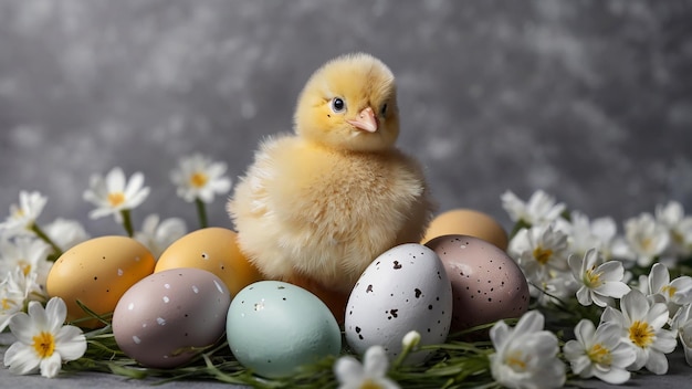 Osterkomposition mit süßem kleinen Huhn und bunten Eiern auf grauem Hintergrund