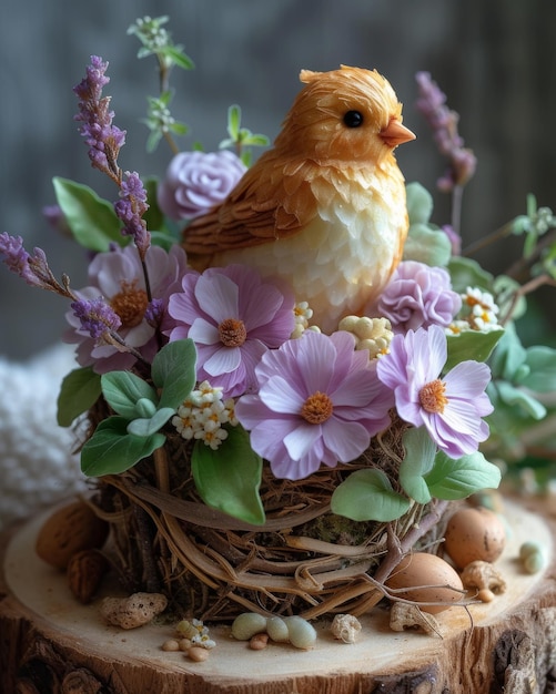 Osterkomposition mit Vogel und Blumen