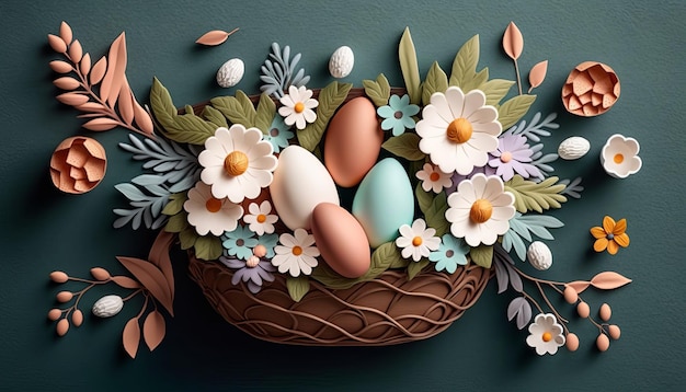 Osterkorb mit Eiern und Blumen AI Generative
