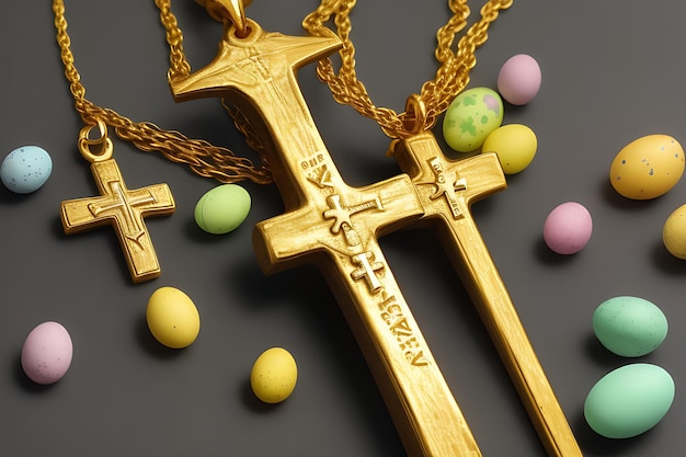 Osterkreuz mit Ostereiern mit der Nachricht "Er ist auferstanden"