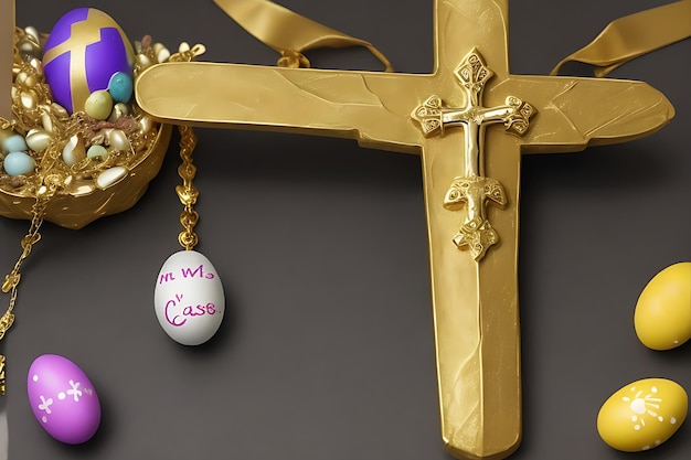 Osterkreuz mit Ostereiern mit der Nachricht "Er ist auferstanden"