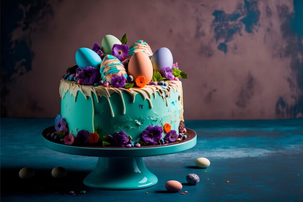 Osterkuchen mit bunten Eiern auf blauem Hintergrund