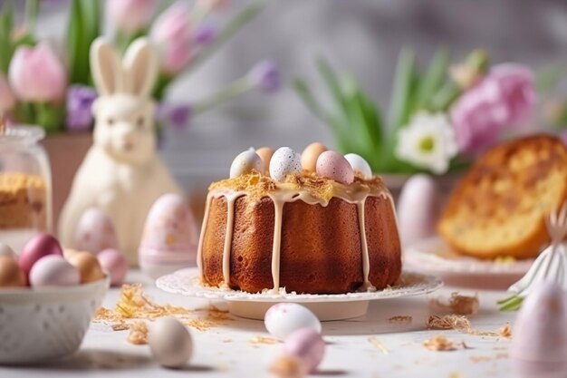 Foto osterkuchen mit eiern und einem hasen darauf