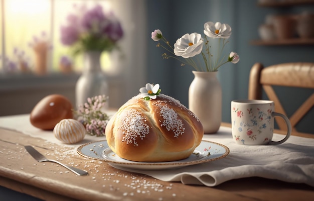 Osterkuchen mit Frühlingsblumen dekoriert Ostern-Stillleben