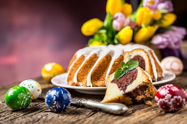 Osterkuchen. Traditioneller Ringmarmorkuchen mit Osterdeko. Ostereier und Frühlingstulpen.