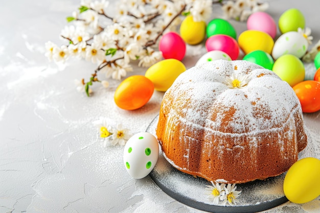 Osterkuchen und bunte Eier auf einem Beton-Hintergrund-Textraum