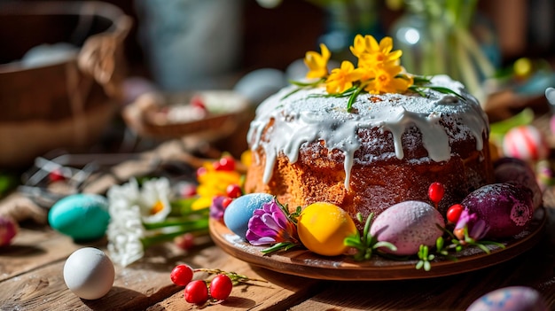 Osterkuchen und Eier auf dem Tisch Selektiver Fokus