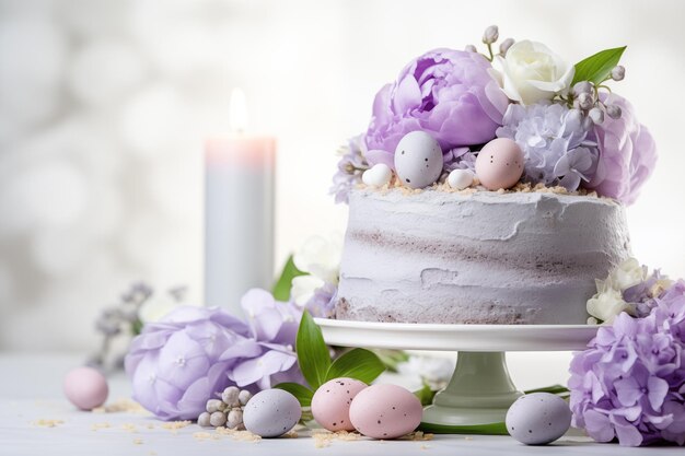 Osterkuchen und Eier auf weißem Hintergrund mit Blumenstrauß Glückliches Ostern