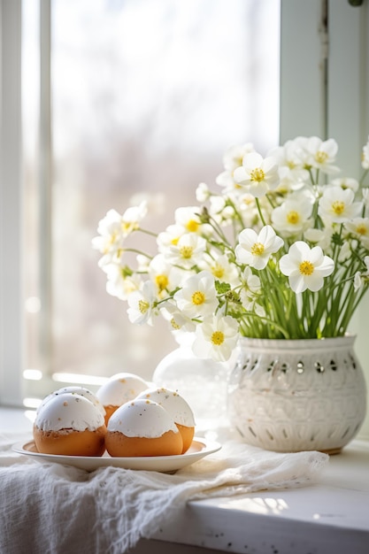 Foto osterkuchen und eier kulichbrot hintergrund glückliche osterkarte