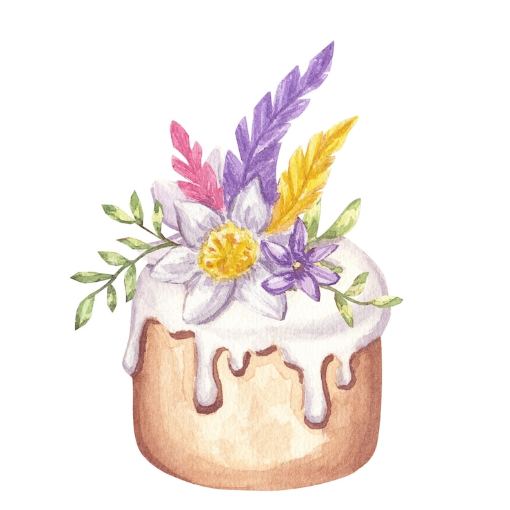 Foto osterkuchenbrot kulich mit weißer glasur narzissblume rosa lila federn glückliches oster 2024 clipart eierjagd handgezeichneter aquarell-illustration isolierter hintergrund