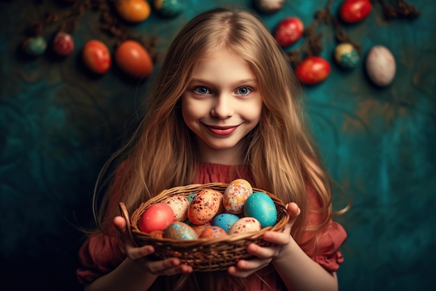 Osterliebe von Kindern Junge Frau mit einem Korb mit bunten bemalten Eiern