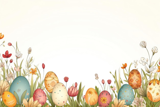 Osterlinienkunstbanner mit bunten Eiern, Gras und Blumen mit leerem Kopienraum