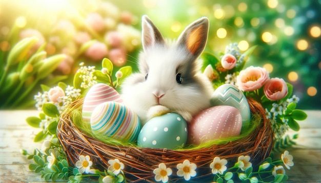 Ostermorgenszene mit einem jungen Kaninchen inmitten farbenfroher Eier in einem grasbewachsenen Nest unter einem magischen Sonnenaufgang