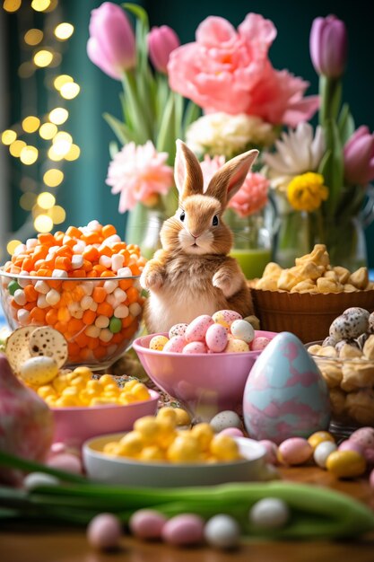 Ostern-Appetizer, Tischhintergrund, Ostern-Snacks, Eier, Kaninchen und Blumen