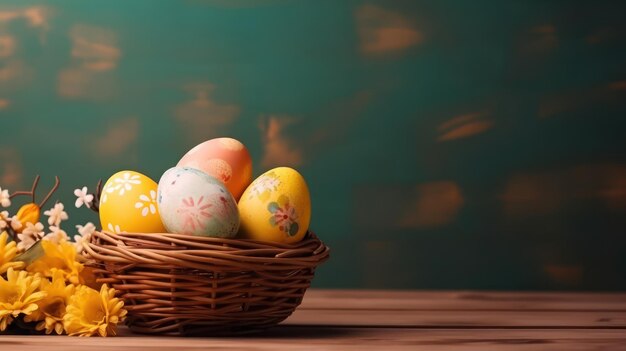 Ostern bemalte bunte Eier mit Blättern und Blumen Generative KI