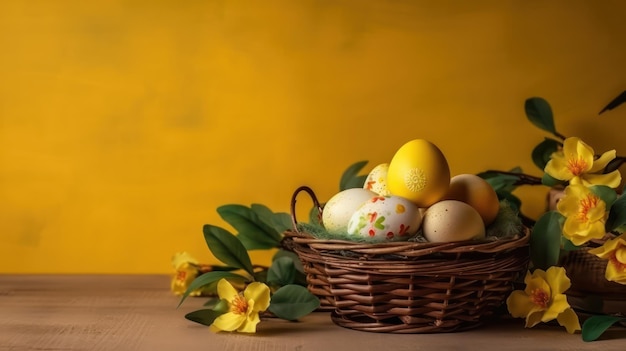 Ostern bemalte bunte Eier mit Blättern und Blumen Generative KI