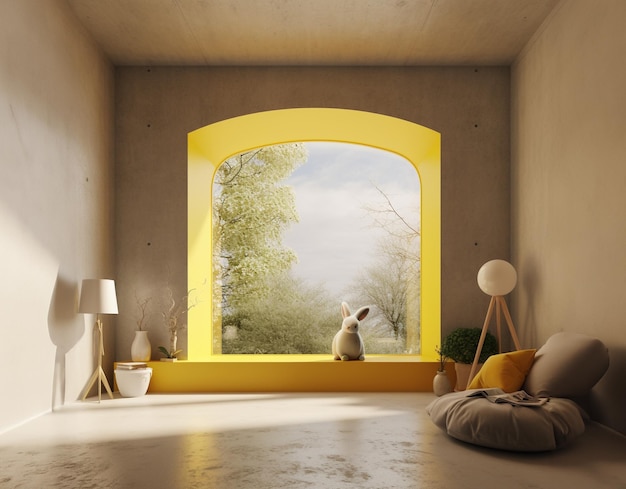 Ostern-Design minimalistisches Beton-Haus-Interieur großes Fenster Frühlings-Outdide Ostern-Kaninchen Weitwinkel