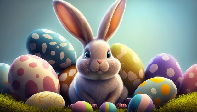 Ostern Fangen Sie den Zauber von Ostern mit einem entzückenden Hasen ein, der zwischen leuchtenden, von der KI erzeugten Eiern liegt