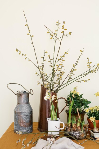 Ostern festliche Frühlingsdekoration Zweige in einer Vase Primeln in Töpfen