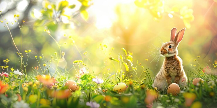 Ostern Hase mit Ostern Eiern hübsch ländliche Grasblumen Sonnenschein Hintergrund