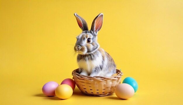 Ostern Hase und farbige Eier gelber Hintergrund Vorlage Banner glücklicher Ostern Kopierraum KI generiert