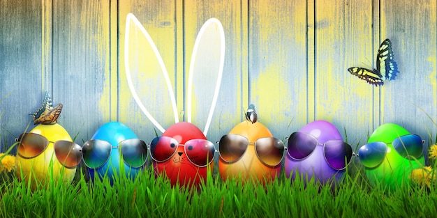 Ostern-Hintergrund mit bunten Ostereiern auf hölzernem Hintergrund