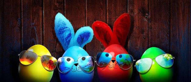 Foto ostern-hintergrund mit bunten ostereiern auf hölzernem hintergrund