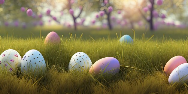 Ostern-Hintergrund mit geschmückter Ostern auf einer grünen Wiese im Frühling Konzept für Ostern-Ferien-Banner