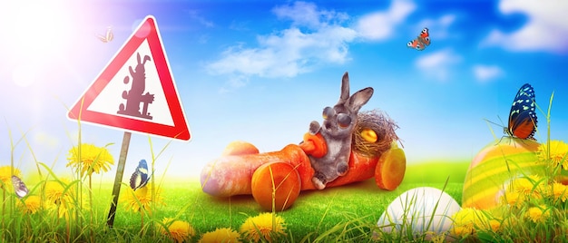 Ostern-Komposition mit Kaninchen Festliche Dekoration Frohe Ostern