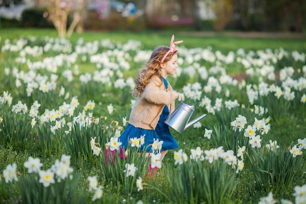 Ostern Süßes kleines Mädchen von 5 Jahren mit Hasenohren gießt Narzissen auf dem Rasen Fröhliches Kind Frühlingsferien