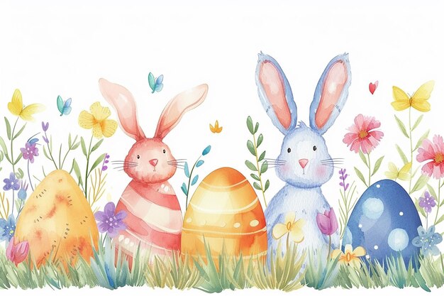 Ostern-Themen-Hintergrund mit schönem Aquarell-Design mit Eiern, Hase und Blättern