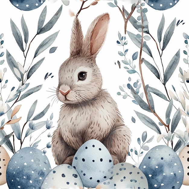 Ostern-Themen-Hintergrund mit schönem Aquarell-Design mit Eiern, Hase und Blättern