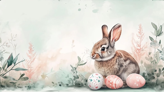 Ostern-Themen-Hintergrund mit schönem Aquarell-Design mit Eiern, Hase und Blättern