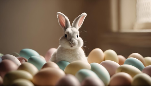 Osternähnchen in einem Bett mit pastellfarbenen Ostereiern