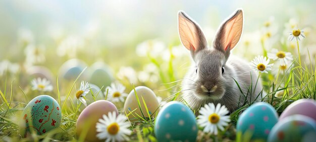 Osternähnchen mit geschmückten Eiern auf der Frühlingswiese