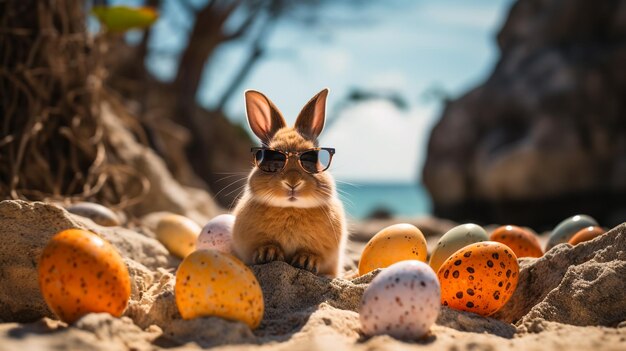 Foto osternbanner mit ostereiern und osternkaninchen