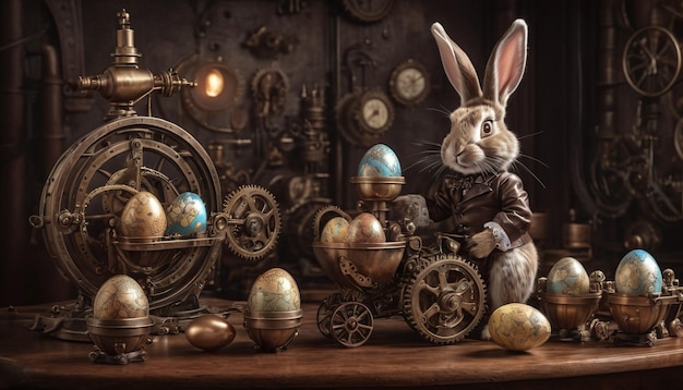 Osternhase mit Ostereiern im Steampunk-Stil