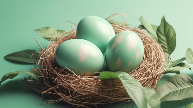 Osterplakat und Bannervorlage mit Ostereiern im Nest auf hellgrünem Hintergrund