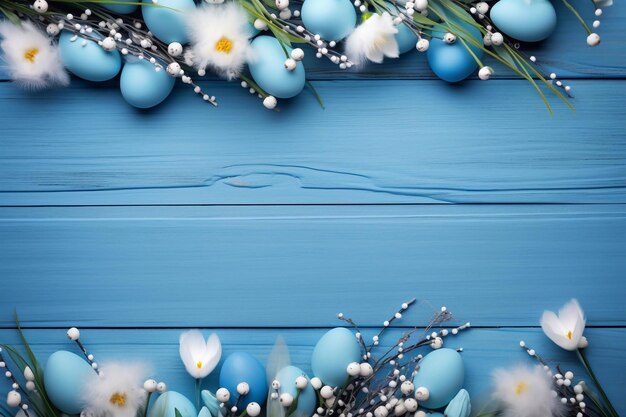 Osterrahmen mit Eiern und Federn auf blauem Holzhintergrund