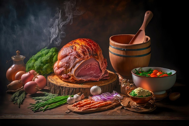 Osterschinken aus Eiern und Gemüse auf Holztisch kochen