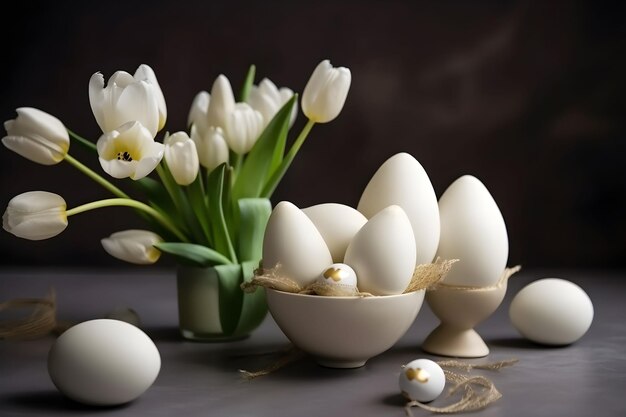 Osterstillleben mit Eiern Frühlingstulpen Blumen in einer Vase auf dunklem Hintergrund Osterferienkonzept Traditionelle elegante Frühlingsdekoration Kopieren Sie Platz AI generiert